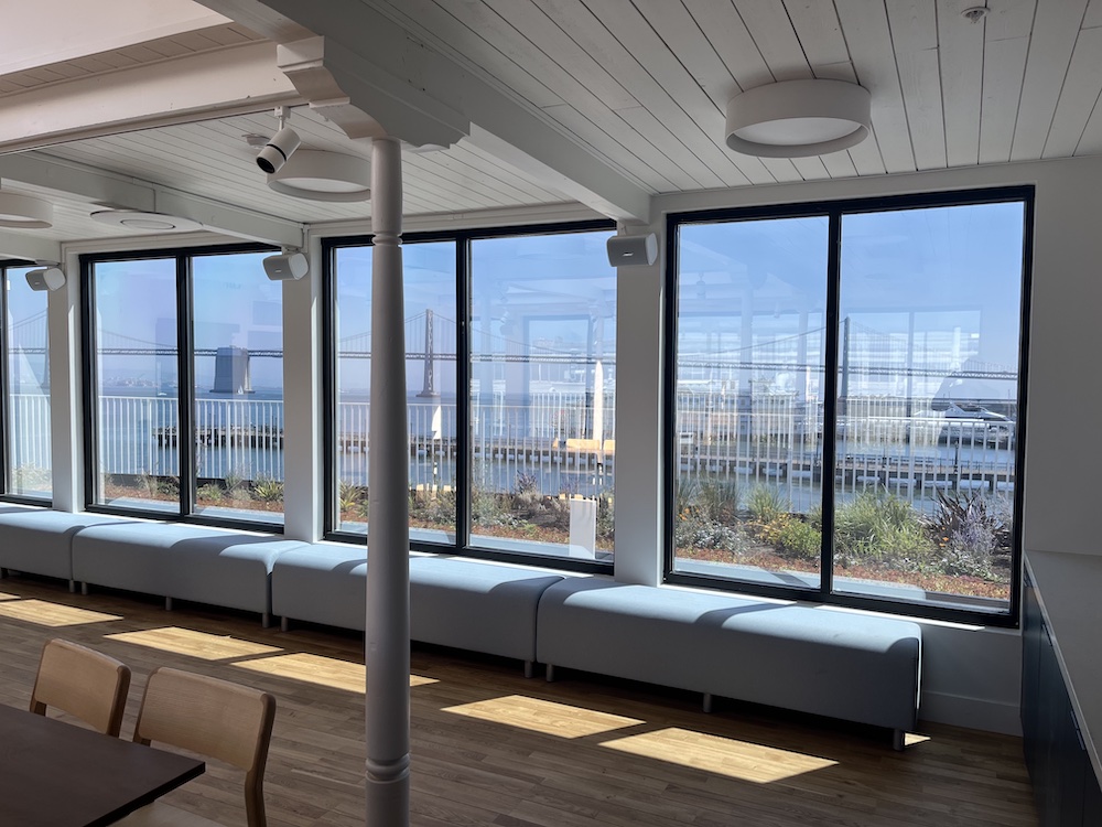 view of south windows of the board room looking out over the Bay Bridge